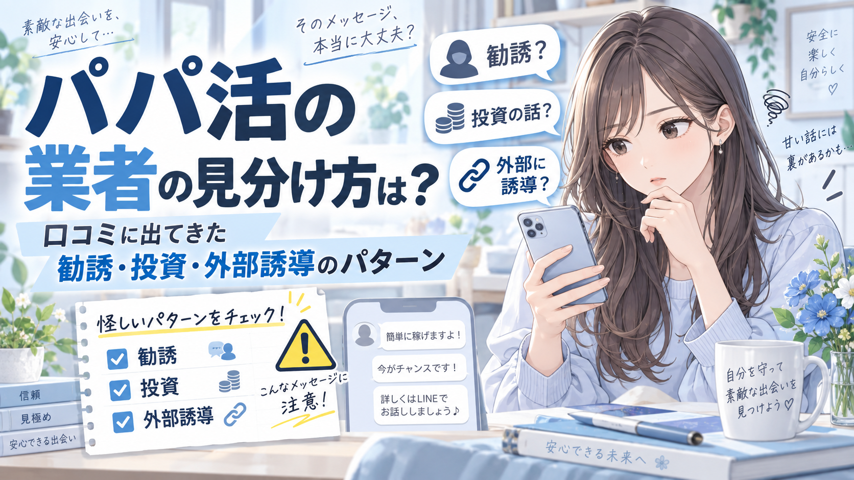 パパ活の業者の見分け方は？口コミに出てきた勧誘・投資・外部誘導のパターン