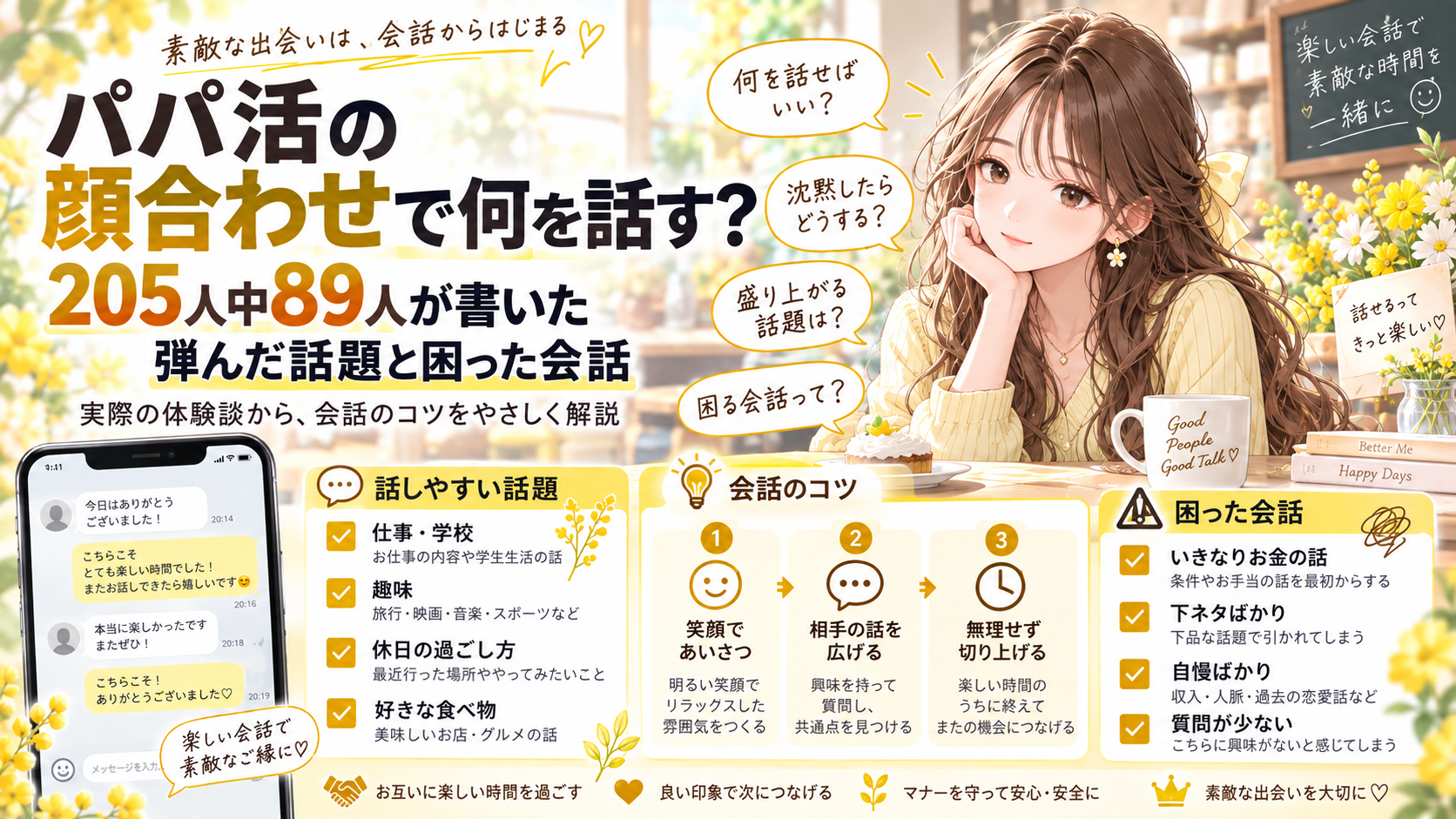 パパ活の顔合わせで何を話す？205人中89人が書いた弾んだ話題と困った会話