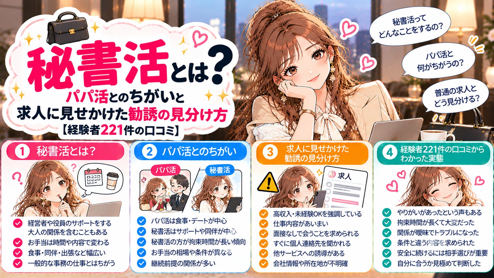 秘書活とは？パパ活とのちがいと求人に見せかけた勧誘の見分け方【経験者221件の口コミ】