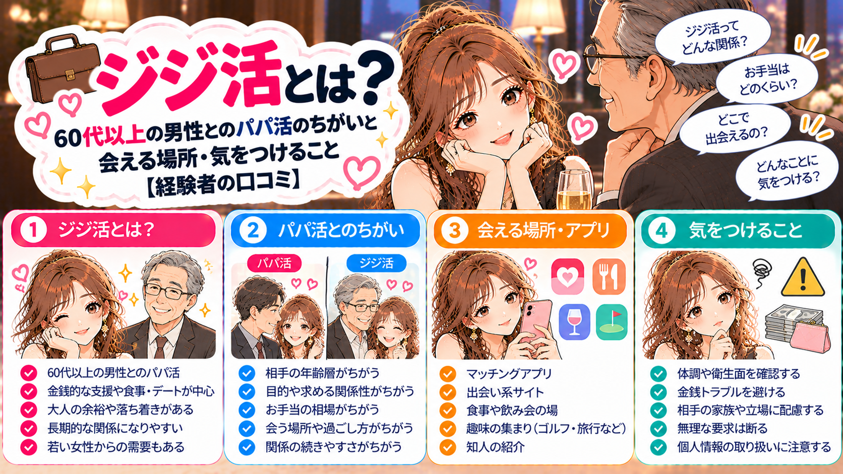 ジジ活とは？60代以上の男性とのパパ活のちがいと会える場所・気をつけること【経験者の口コミ】