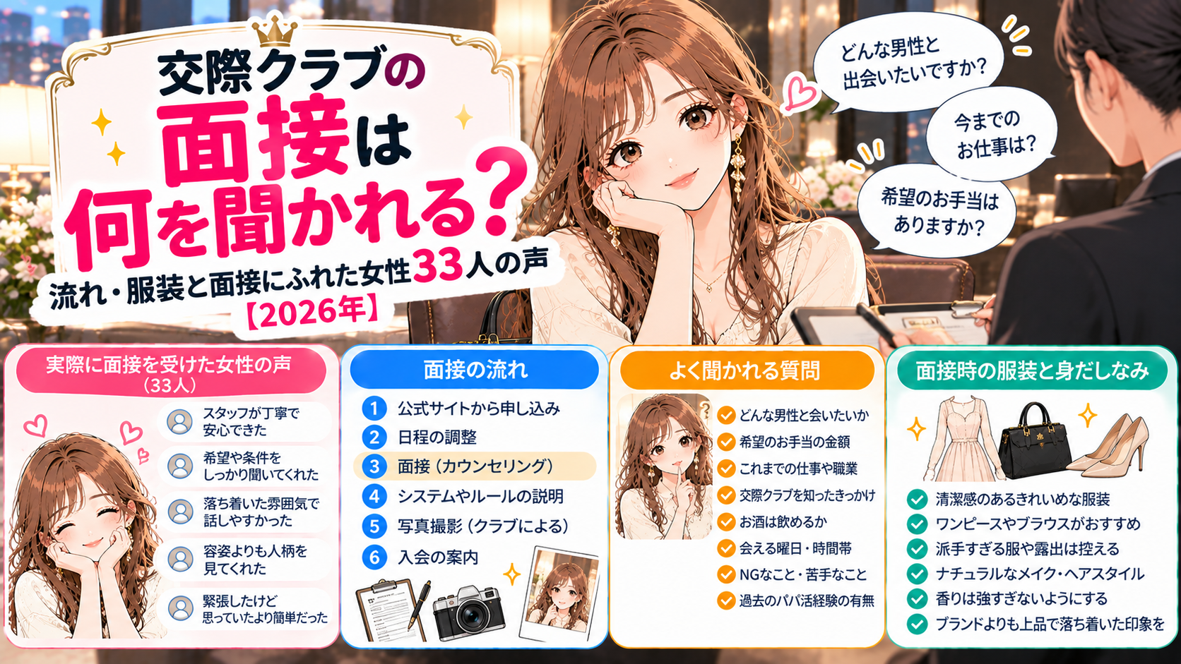 交際クラブの面接は何を聞かれる？流れ・服装と面接にふれた女性33人の声【2026年】