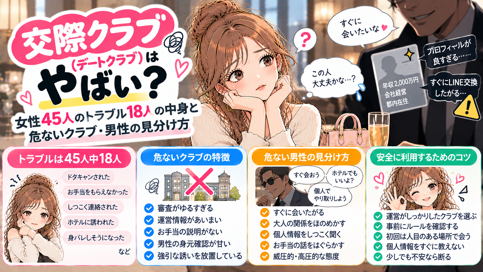 交際クラブ(デートクラブ)はやばい？女性45人のトラブル18人の中身と危ないクラブ・男性の見分け方
