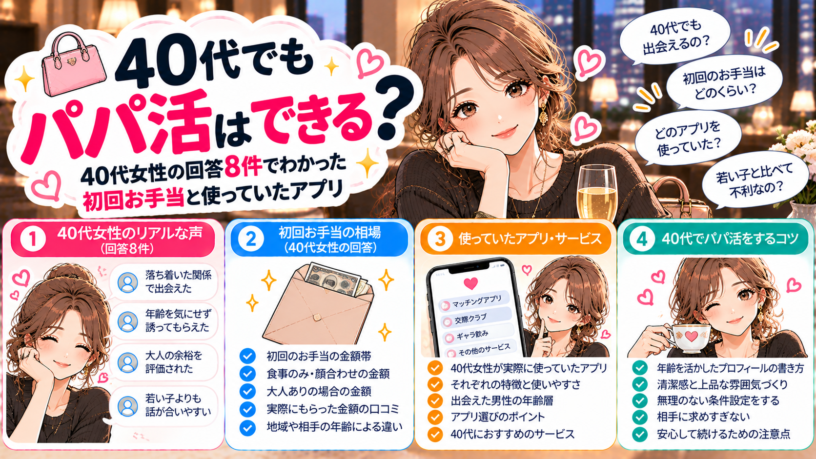 40代でもパパ活はできる？40代女性の回答8件でわかった初回お手当と使っていたアプリ