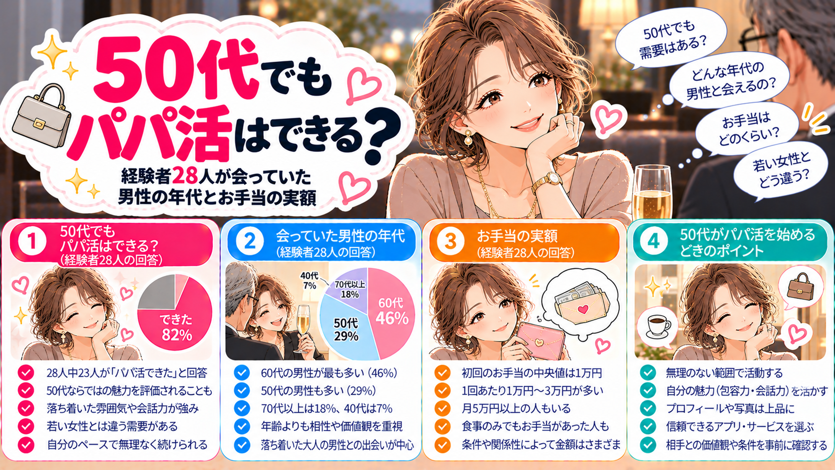 50代でもパパ活はできる？経験者28人が会っていた男性の年代とお手当の実額