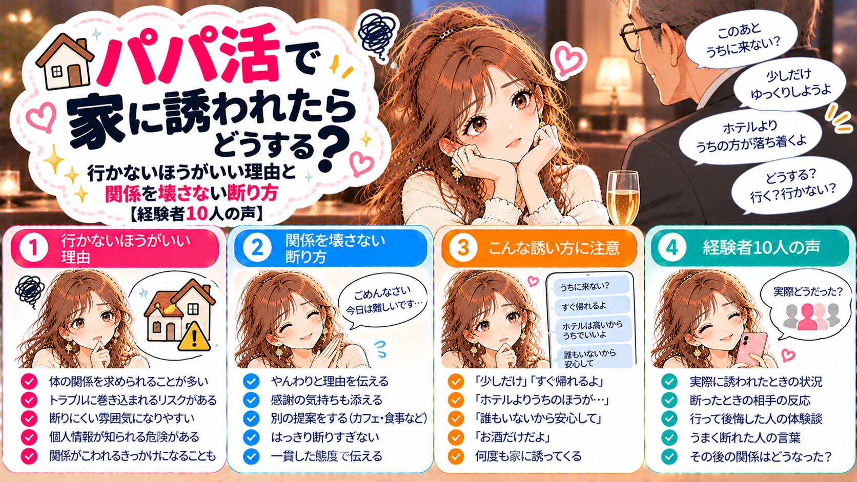 パパ活で家に誘われたらどうする？行かないほうがいい理由と関係を壊さない断り方【経験者10人の声】