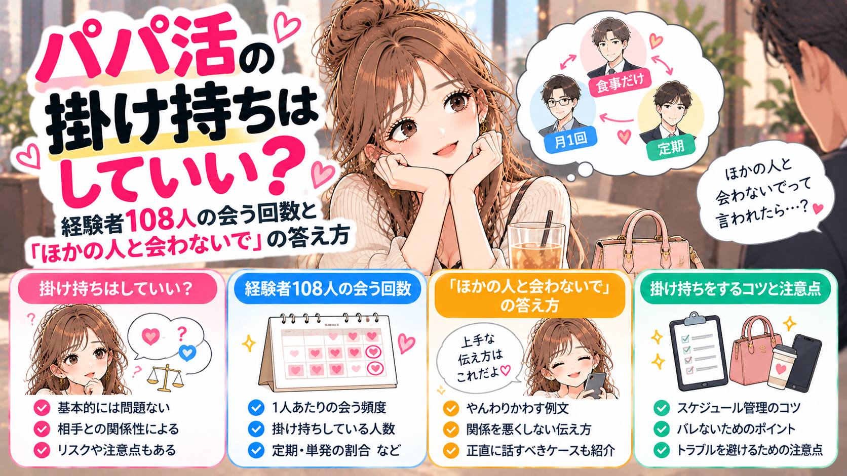 パパ活の掛け持ちはしていい？経験者108人の会う回数と「ほかの人と会わないで」の答え方
