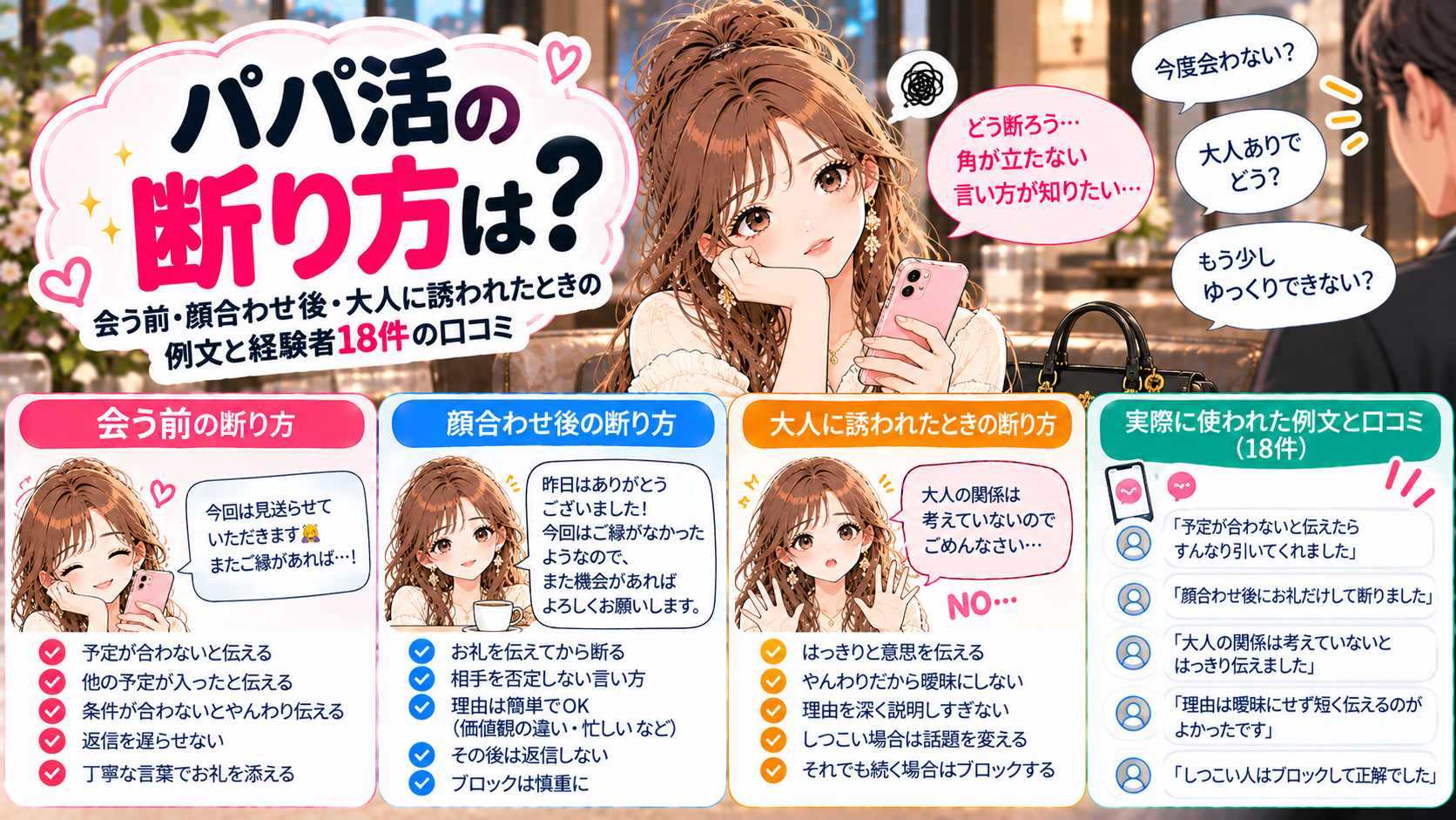 パパ活の断り方は？会う前・顔合わせ後・大人に誘われたときの例文と経験者18件の口コミ