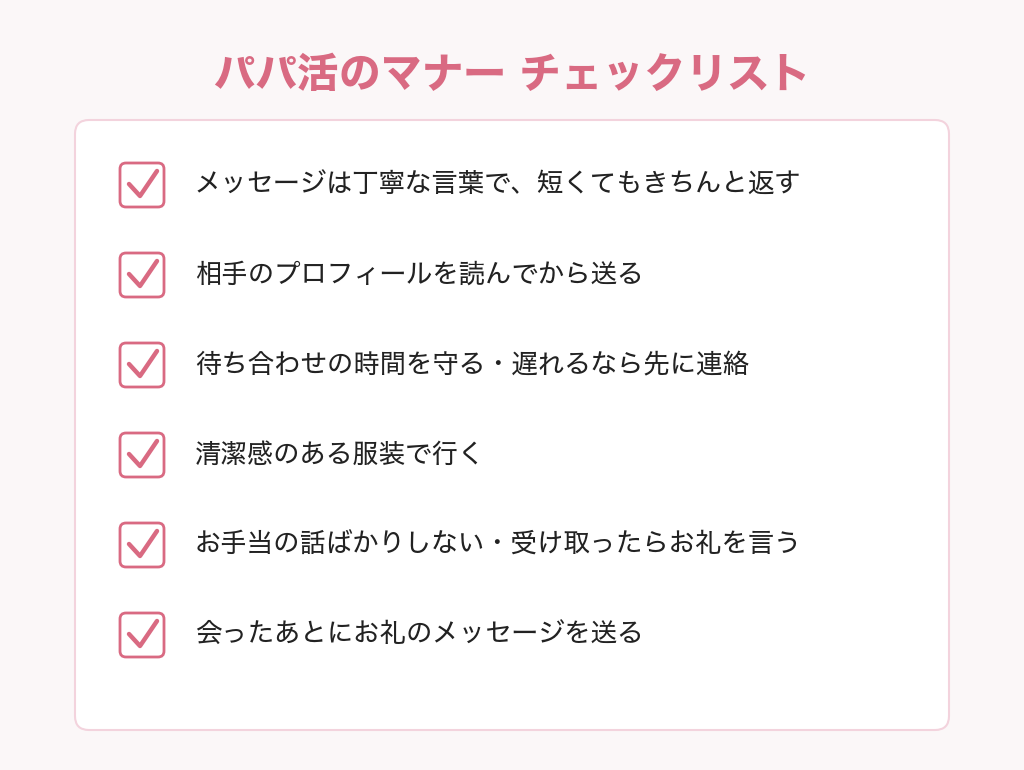 パパ活のマナーのチェックリスト。丁寧な言葉・時間を守る・清潔感・会ったあとのお礼など6項目