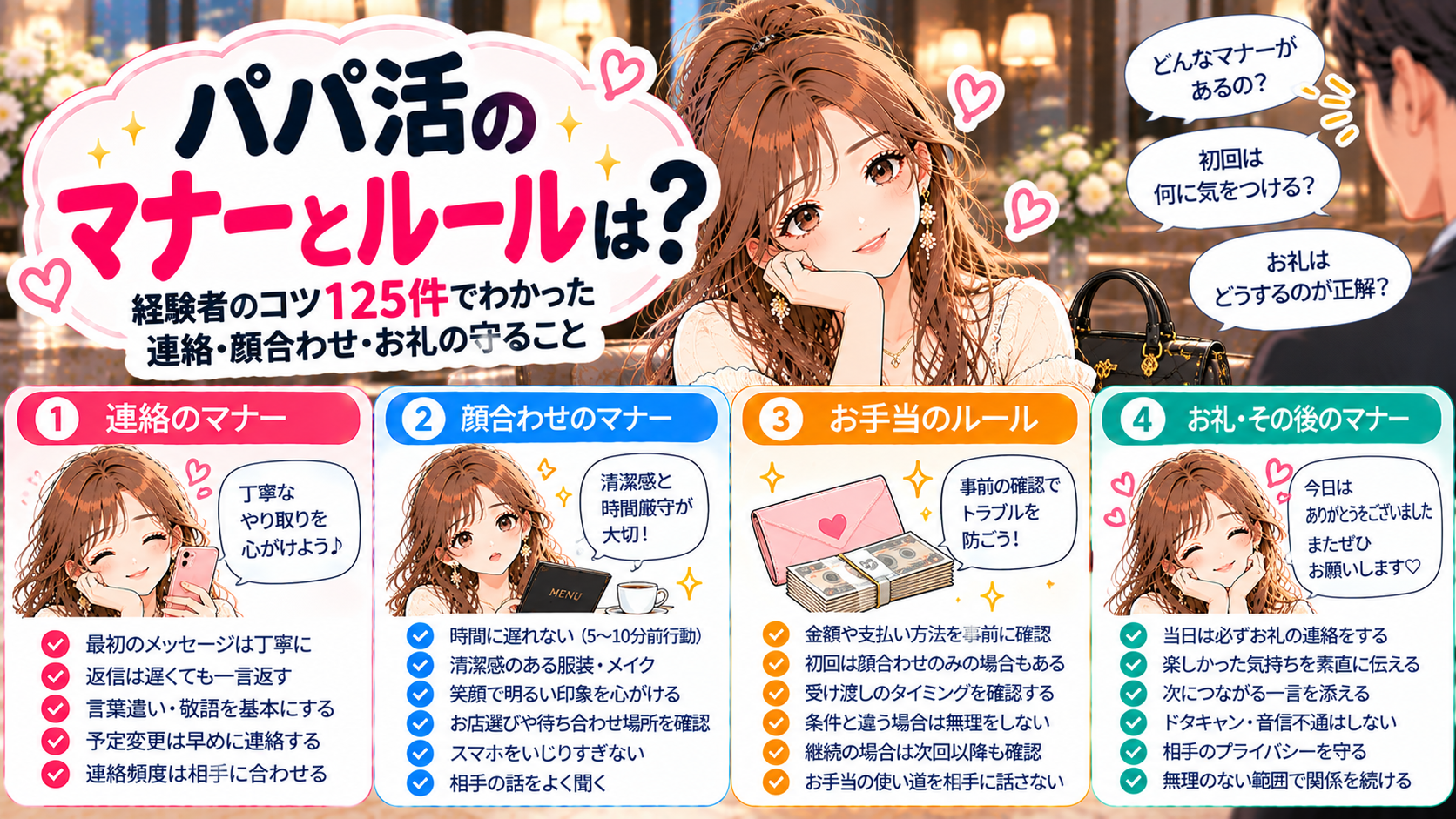 パパ活のマナーとルールは？経験者のコツ125件でわかった連絡・顔合わせ・お礼の守ること