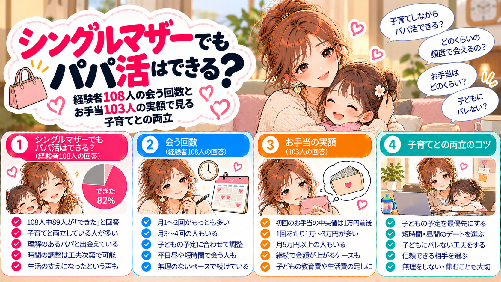 シングルマザーでもパパ活はできる？経験者108人の会う回数とお手当103人の実額で見る子育てとの両立