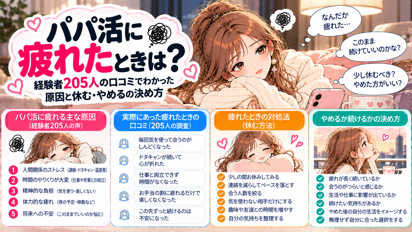 パパ活に疲れたときは？経験者205人の口コミでわかった原因と休む・やめるの決め方
