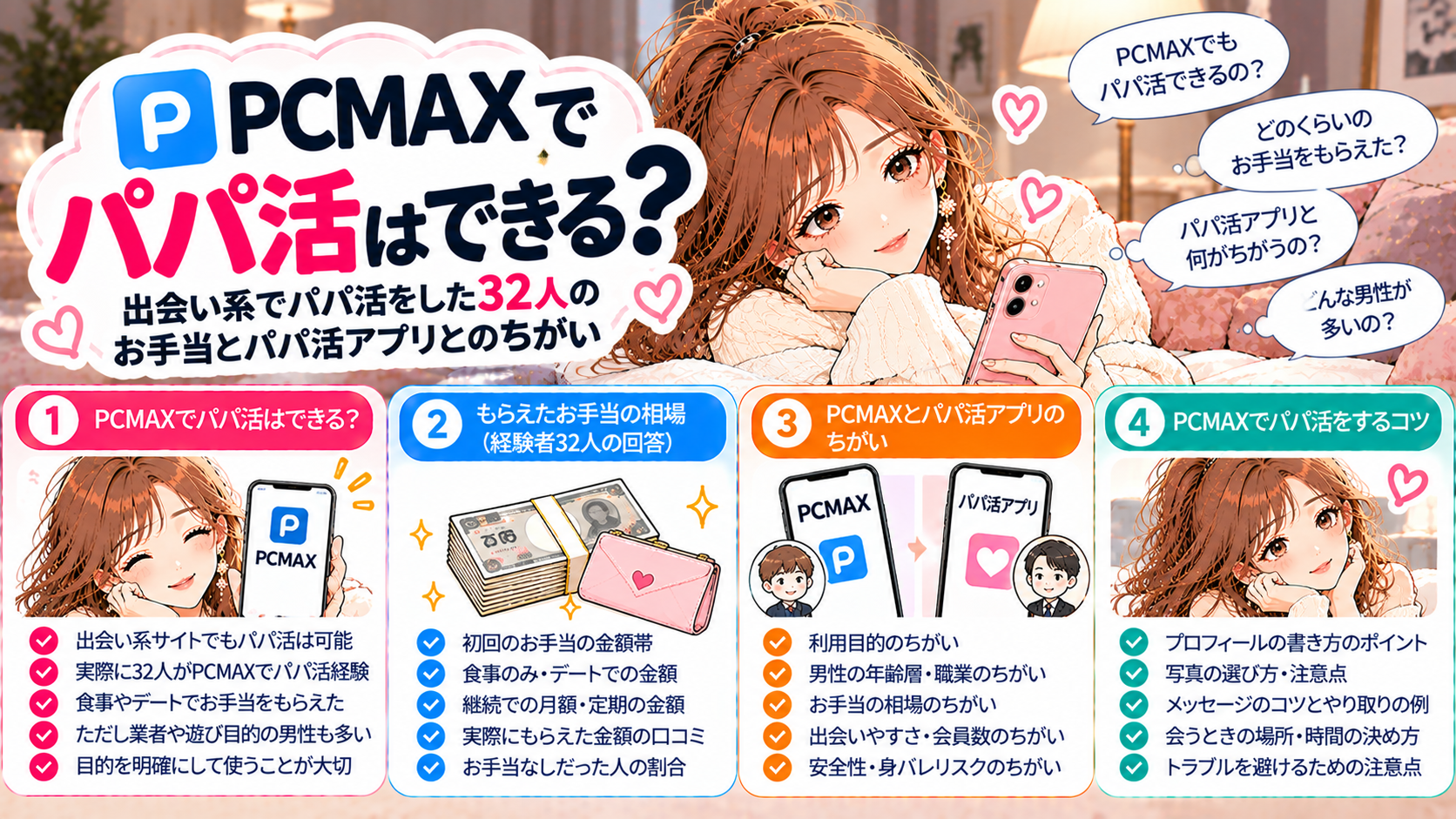 PCMAXでパパ活はできる？出会い系でパパ活をした32人のお手当とパパ活アプリとのちがい