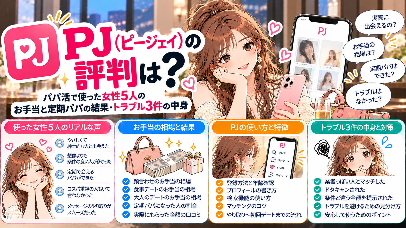 PJ（ピージェイ）の評判は？パパ活で使った女性5人のお手当と定期パパの結果・トラブル3件の中身