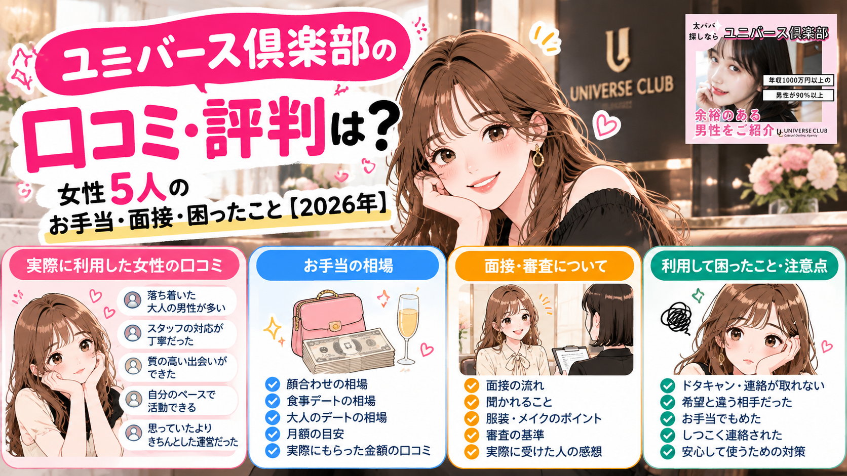 ユニバース倶楽部の口コミ・評判は？女性5人のお手当・面接・困ったこと【2026年】